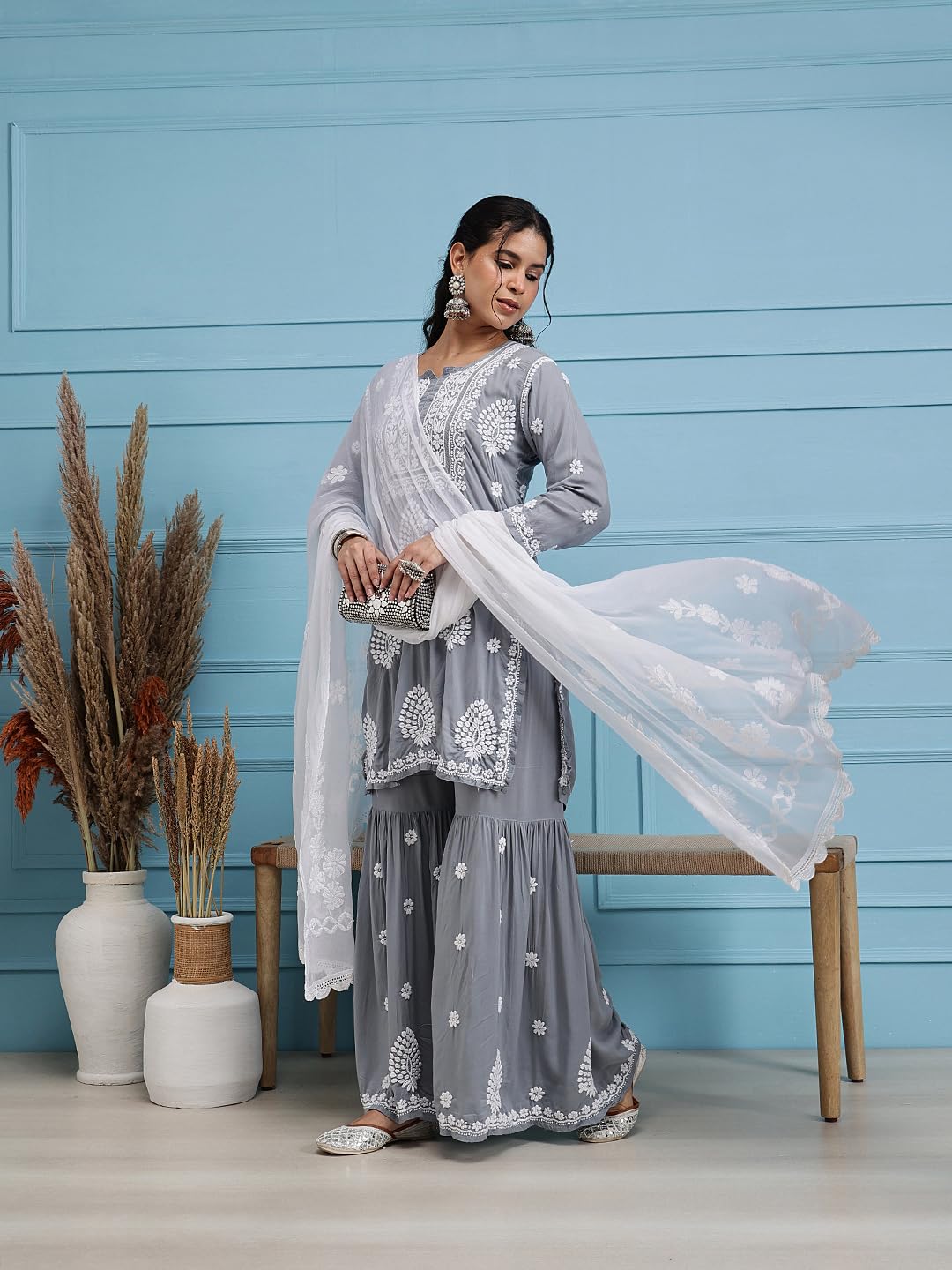 Ada Women's Traditional Hand Embroidered Chikankari Ethnic Wear Chiffon Dupatta A511182 White