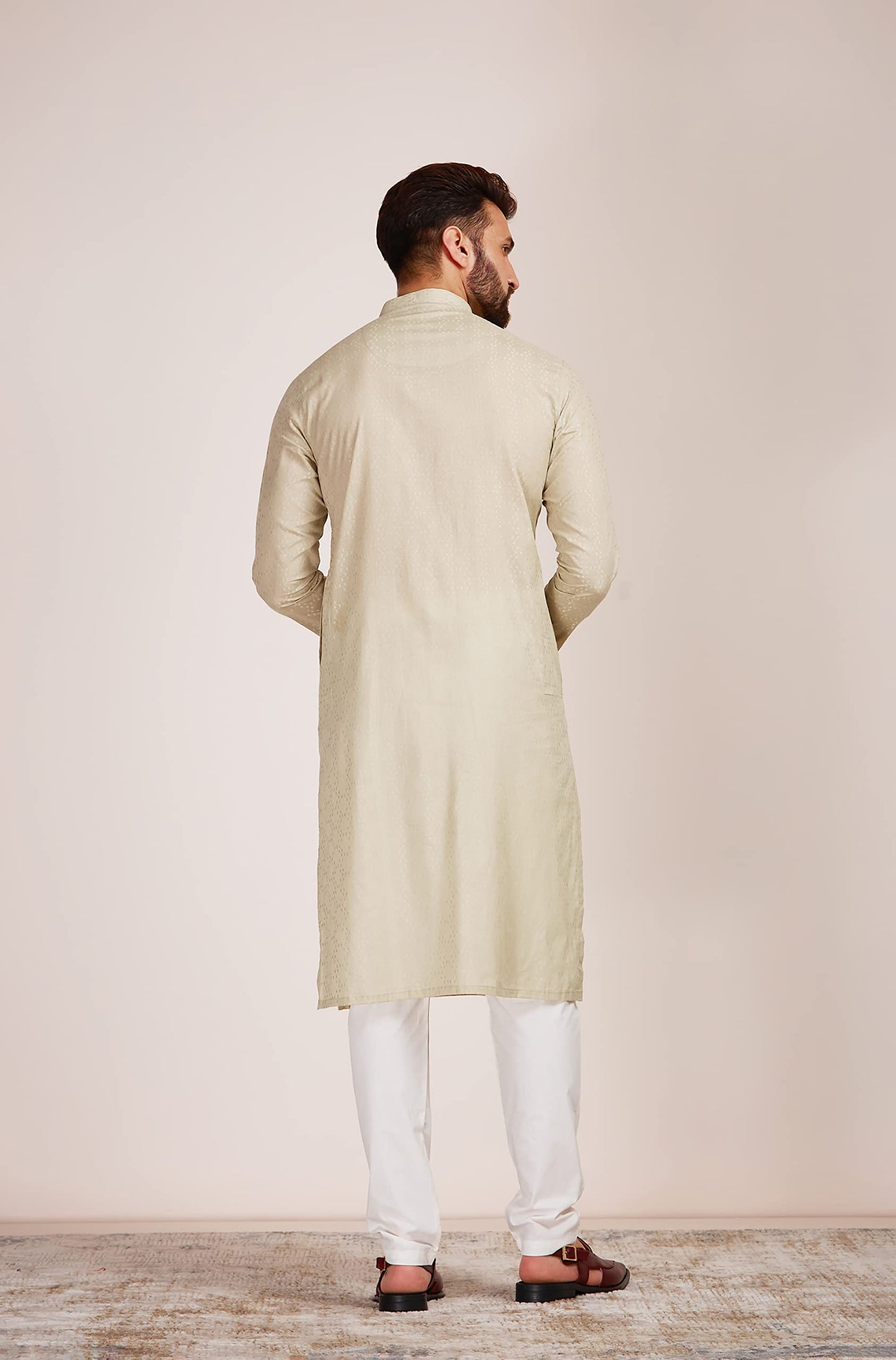 Manyavar Pista Cotton Full Sleeve Kurta Set | Traditional Kurta Set For Men (M)