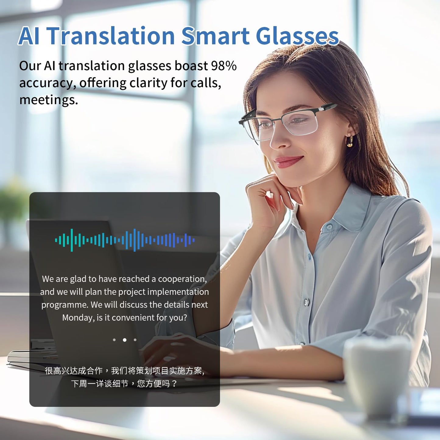 Smart AI Translator Glasses, Clear Blue Light Glasses for Woman Men, Simultaneous Interpretation Eyeglasses for 110+ Languages, Real-Time Translation, Remote Shooting,AI Smart Sunglasses for Travel -S