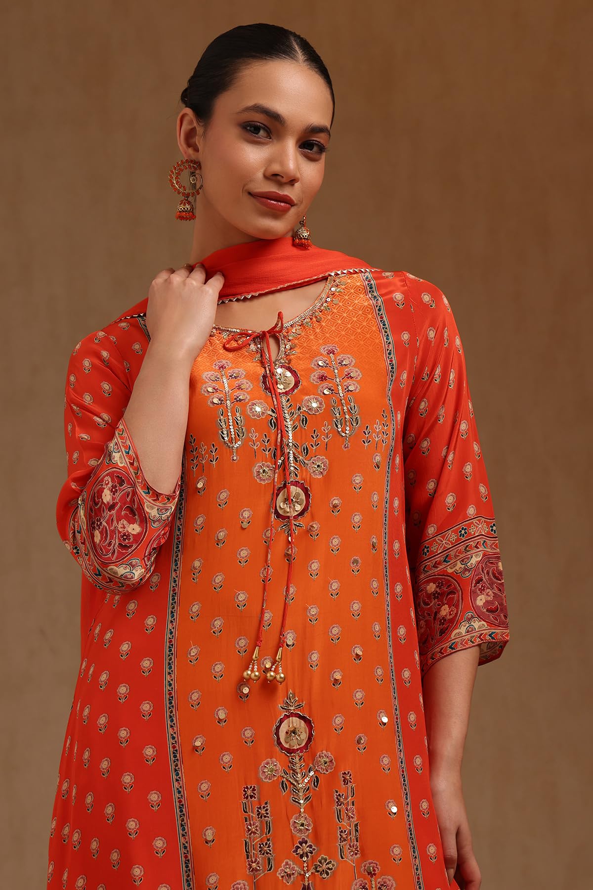Soch Womens Orange Crepe Floral Print Suit Set With Sequins