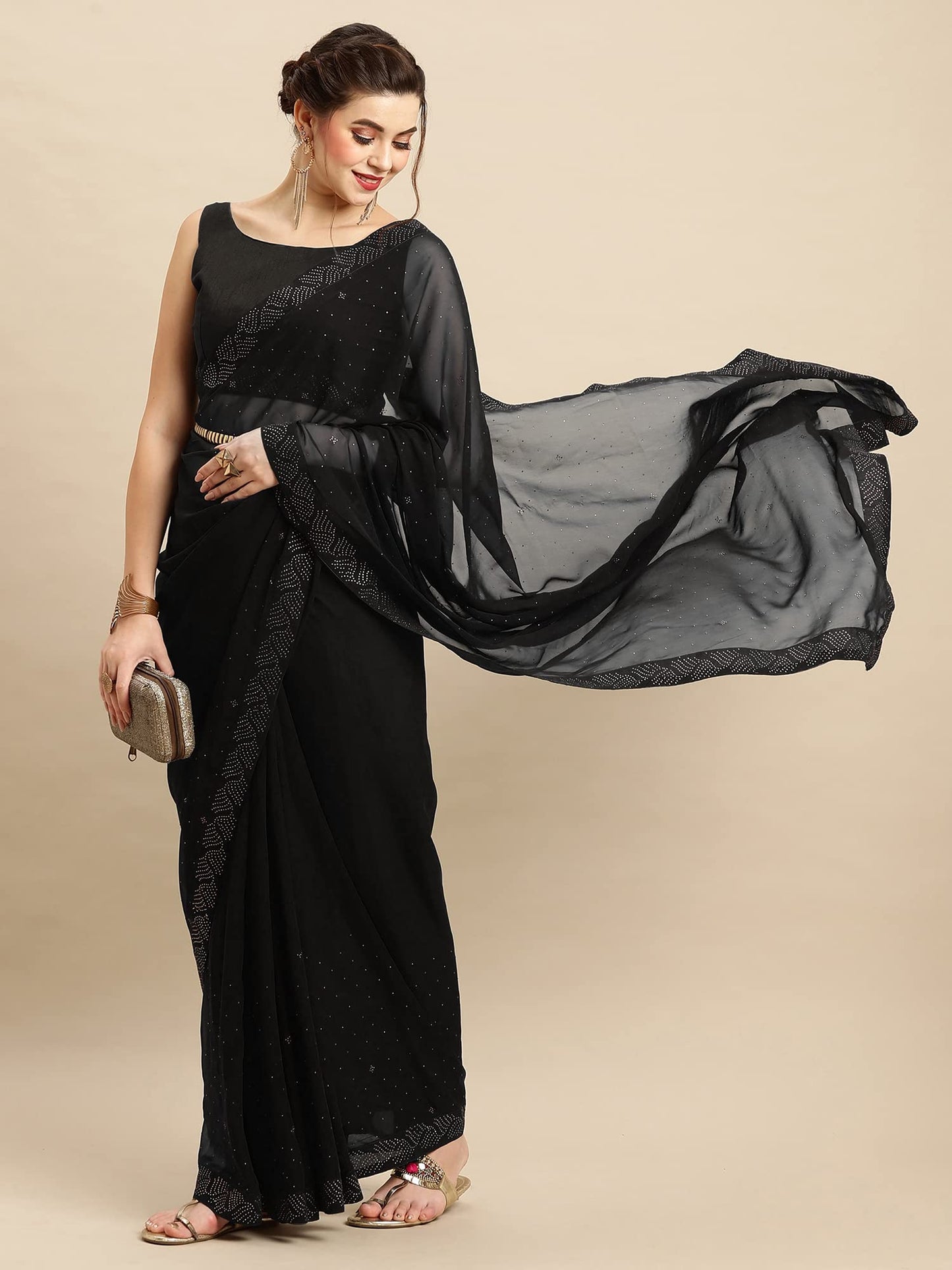 AKHILAM Women's Georgette Lace Work Embellished Designer Saree With Unstitched Blouse Piece (Black_GLMP902D)