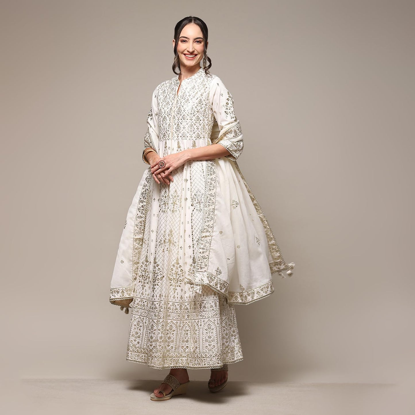 BIBA WOMEN PRINTED RELAXED SALWAR KURTA DUPATTA(SKDKINARI8540_IVORY_40)