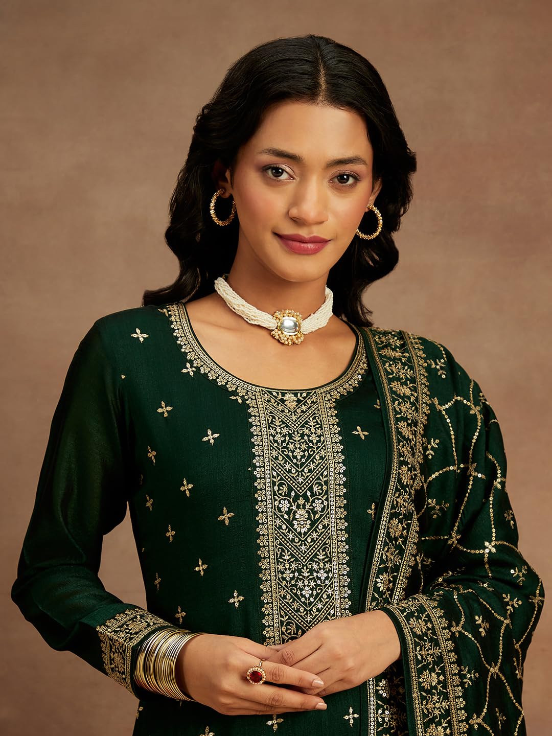 Libas Womens Embroidered Silk Blend Straight Kurta With Trousers and Dupatta