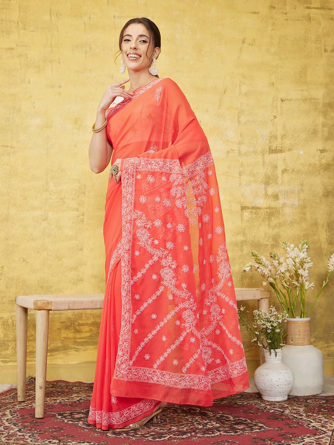 Ada Women's Hand Embroidered Lucknow Chikan Faux Georgette Saree with Blouse A219386 Carrot Pink