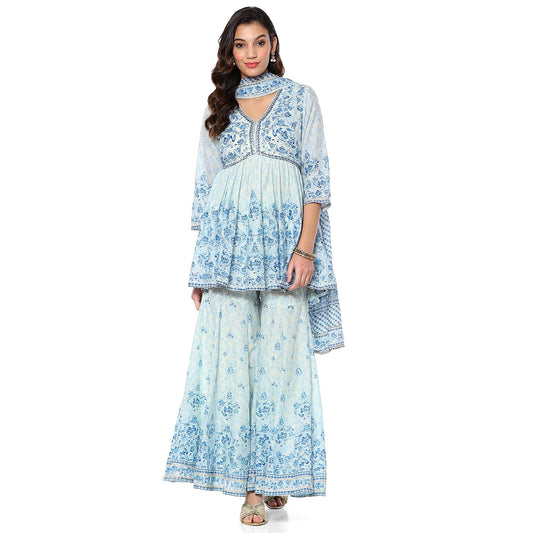 BIBA Women's Cotton Kurta Sets (SKDAMBER9533AW24AQU_Aqua Blue