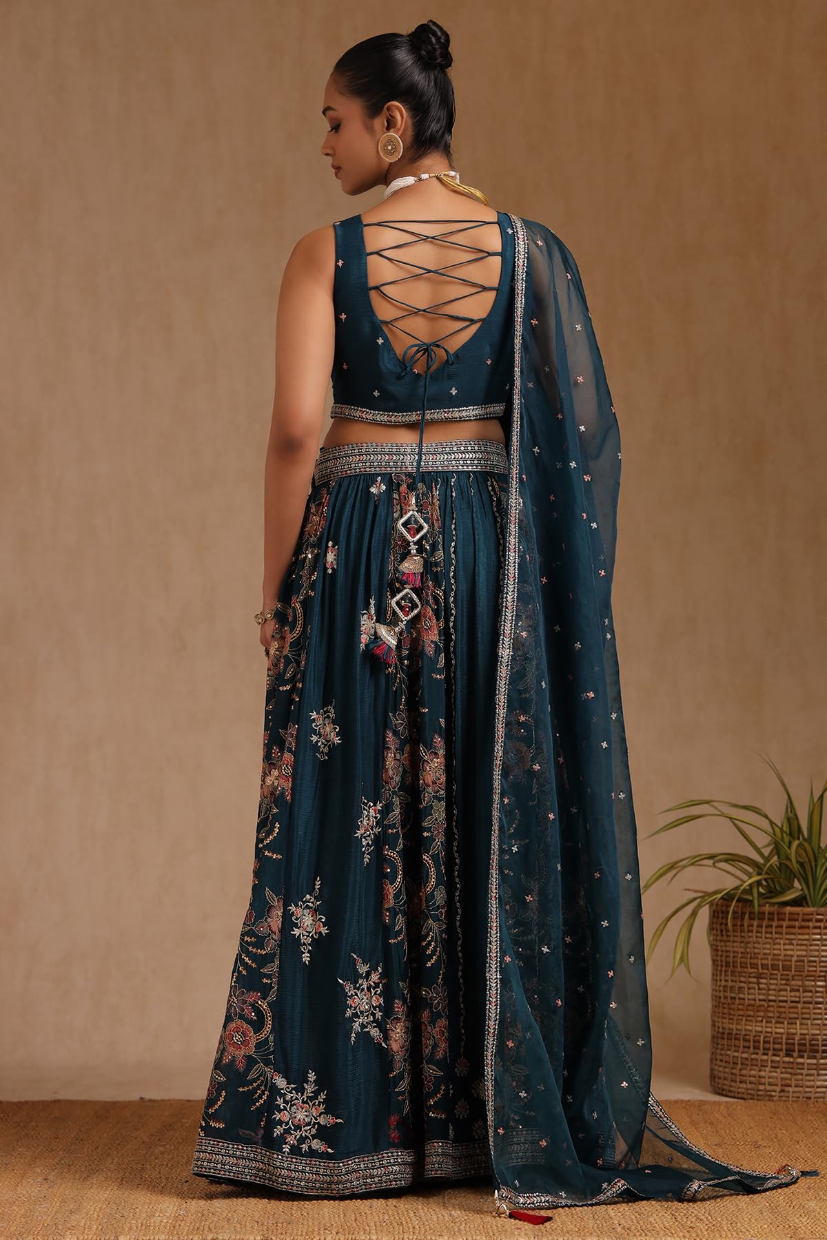Soch Womens Teal Green Chinon Embroidered Ghagra Choli With Stone Work