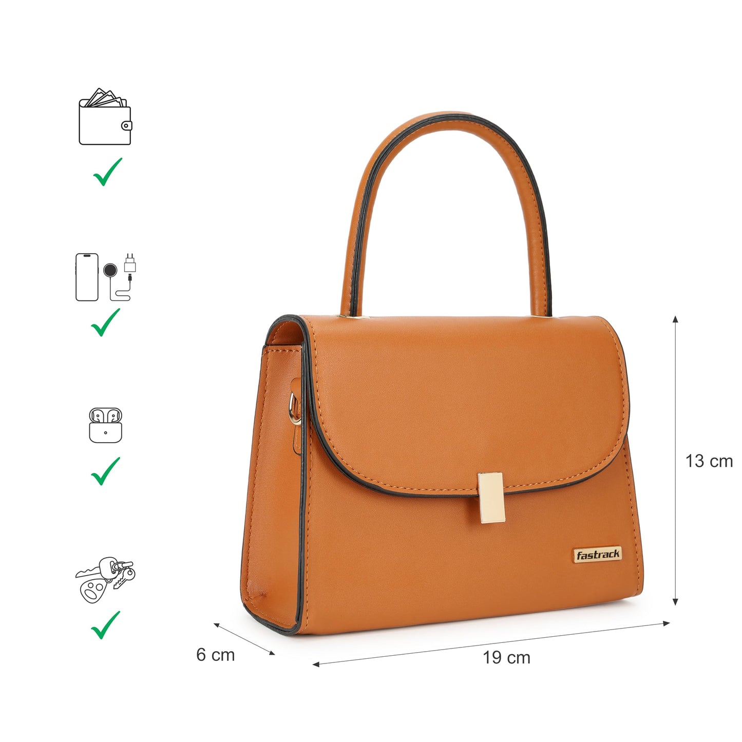 Fastrack Solid PU Structured Handheld Bag For Women, Girls and Ladies| with Detachable Sling Strap and Button closure | Ladies Purse Handbag | Handbags for Casual Carry