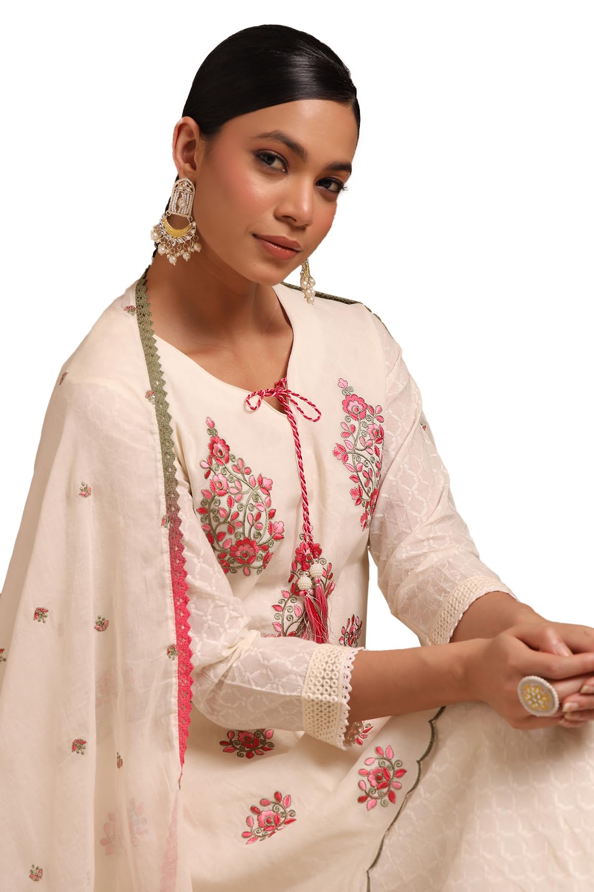 Soch Womens Off White Cotton Floral Print Suit Set With Thread Work