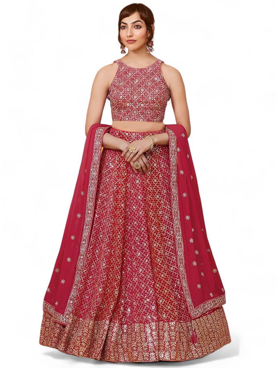 Zeel Clothing Womens Sequins Thread Embroidered Work Pure Georgette Readymade Lehenga And Choli Set With Dupatta (7088-Red-Wedding-Stylish- Lehenga-Choli; Free Size)