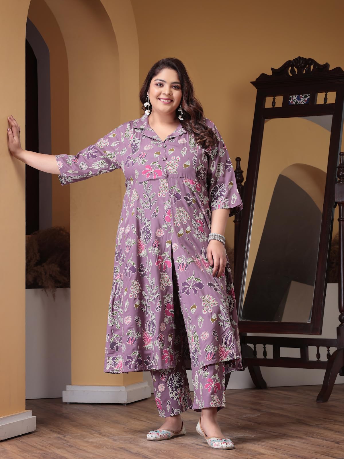 Stylum Women's Plus Size Floral Printed Rayon Kurta Pant Set