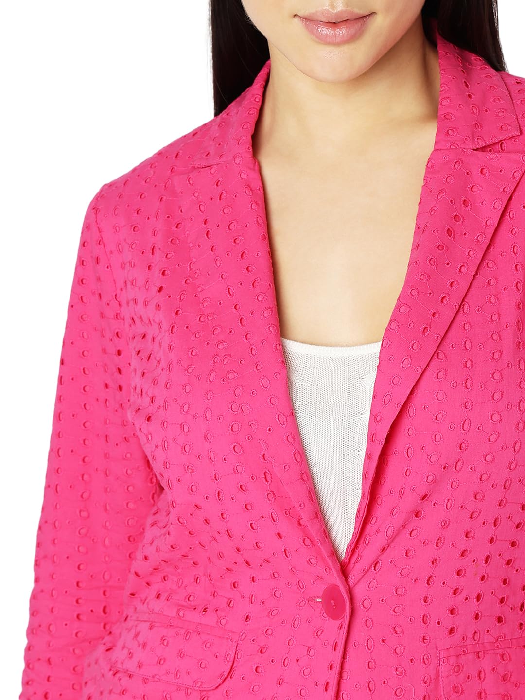 VERO MODA Women Self Design Pink Cotton Regular Fit Single Breasted Blazer