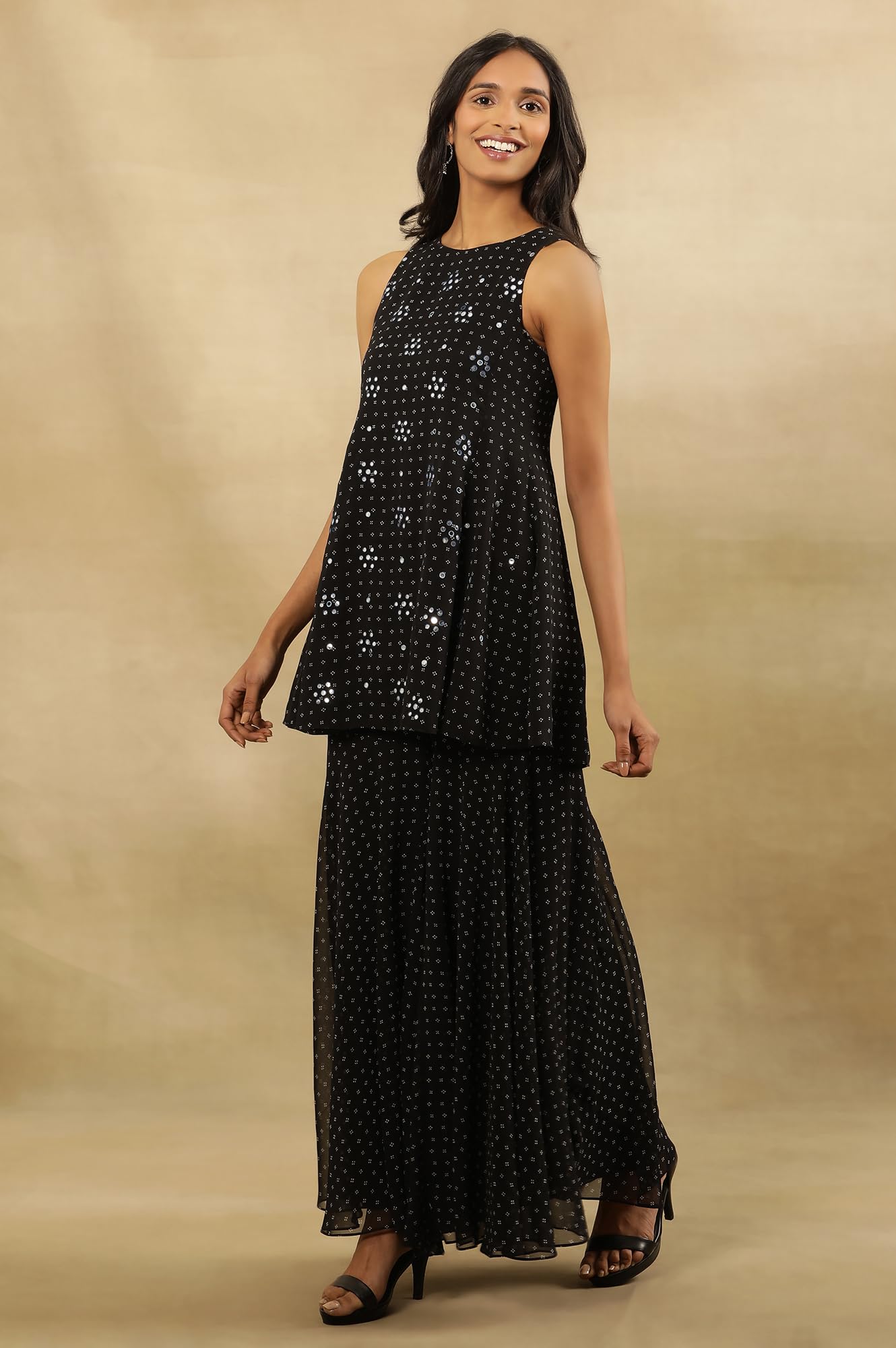 W for Woman W Women Black Festive Geometric Print Georgette Kurta Set, Sharara & Dupatta_24FEWS10619-123035_3XL