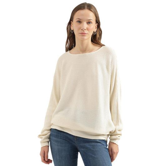 UNITED COLORS OF BENETTON Boat Neck Textured Sweater (Size: L)-24A1SOLOT707I0R2 Beige