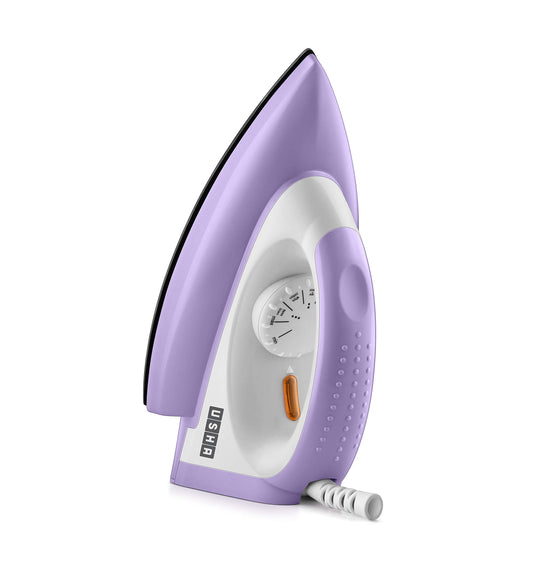 USHA Armor 1100 watts Dry Iron with Shock Proof Plastic Body | Single Coat Black Non Stick Soleplate for Longer Durability|Overheat Safety Shutoff |180° Swivel Cord | 2 Years Warranty|(Purple & White)