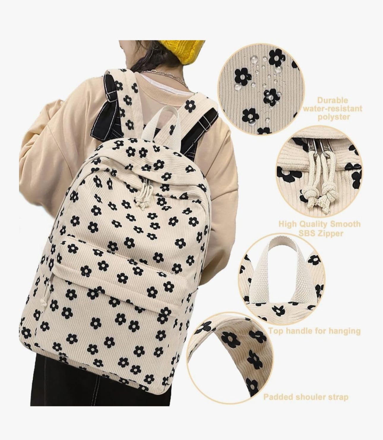 Satic School & College Backpack for Teens Large 25L Corduroy Bookbag Lightweight for Girls Women Lightweight Travel Backpack (Floral Beige)