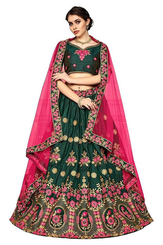 SAFERSKY Women's Semi stitched Heavy Embroidery Work Lehenga Choli Green & Light Pink Free Size
