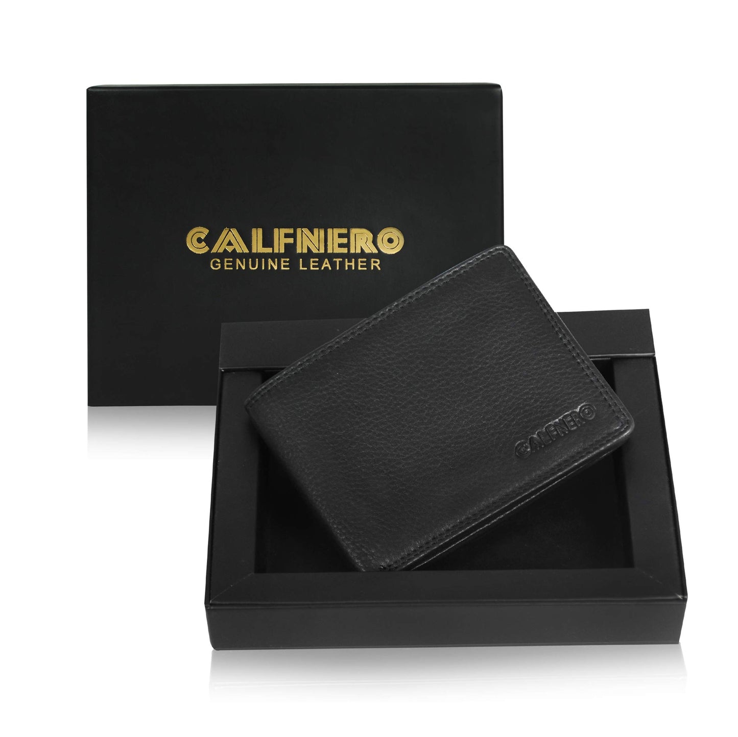 Men's Genuine Leather Bifold Wallet-Multiple Card Slots ID Window with Coin Pocket-Black Leather Wallet by Calfnero
