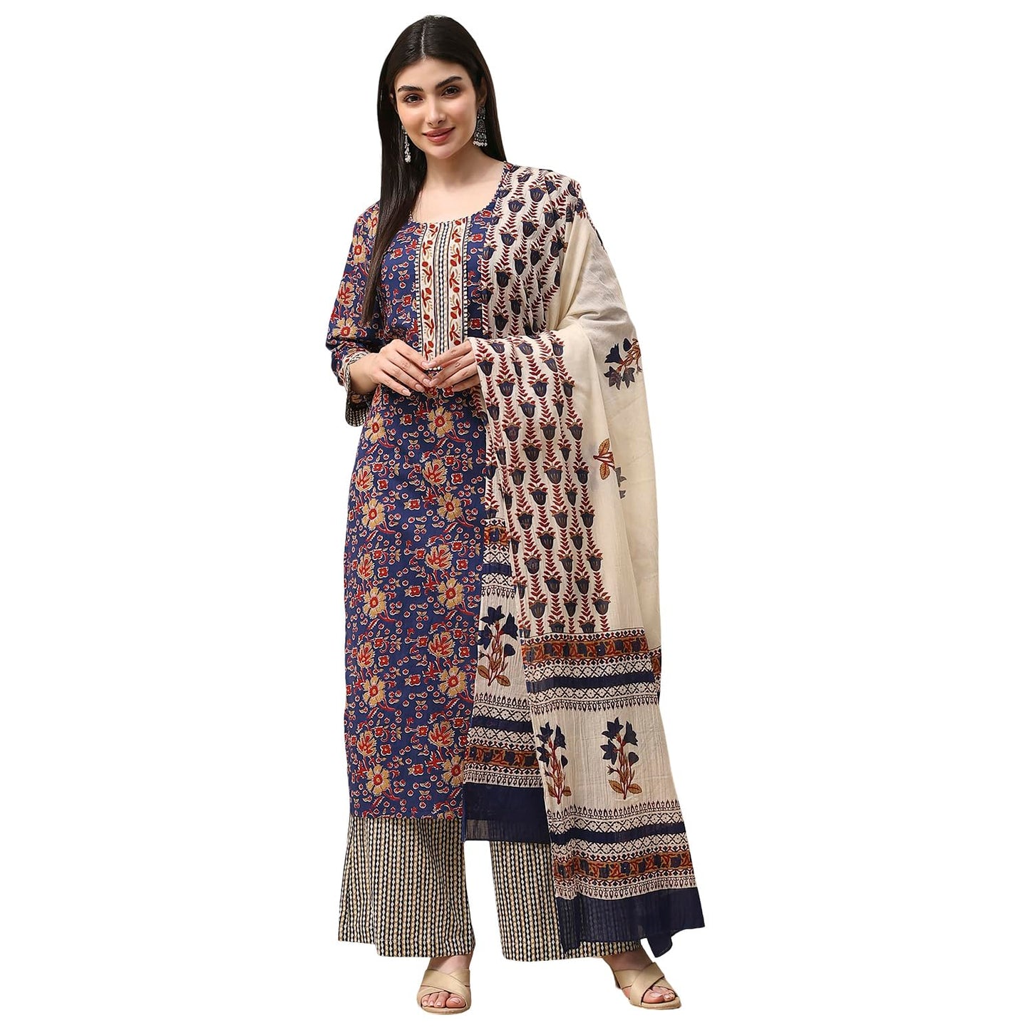 BIBA Women Blue Cotton Screen Print Unstitched Suit Set_FREE SIZE