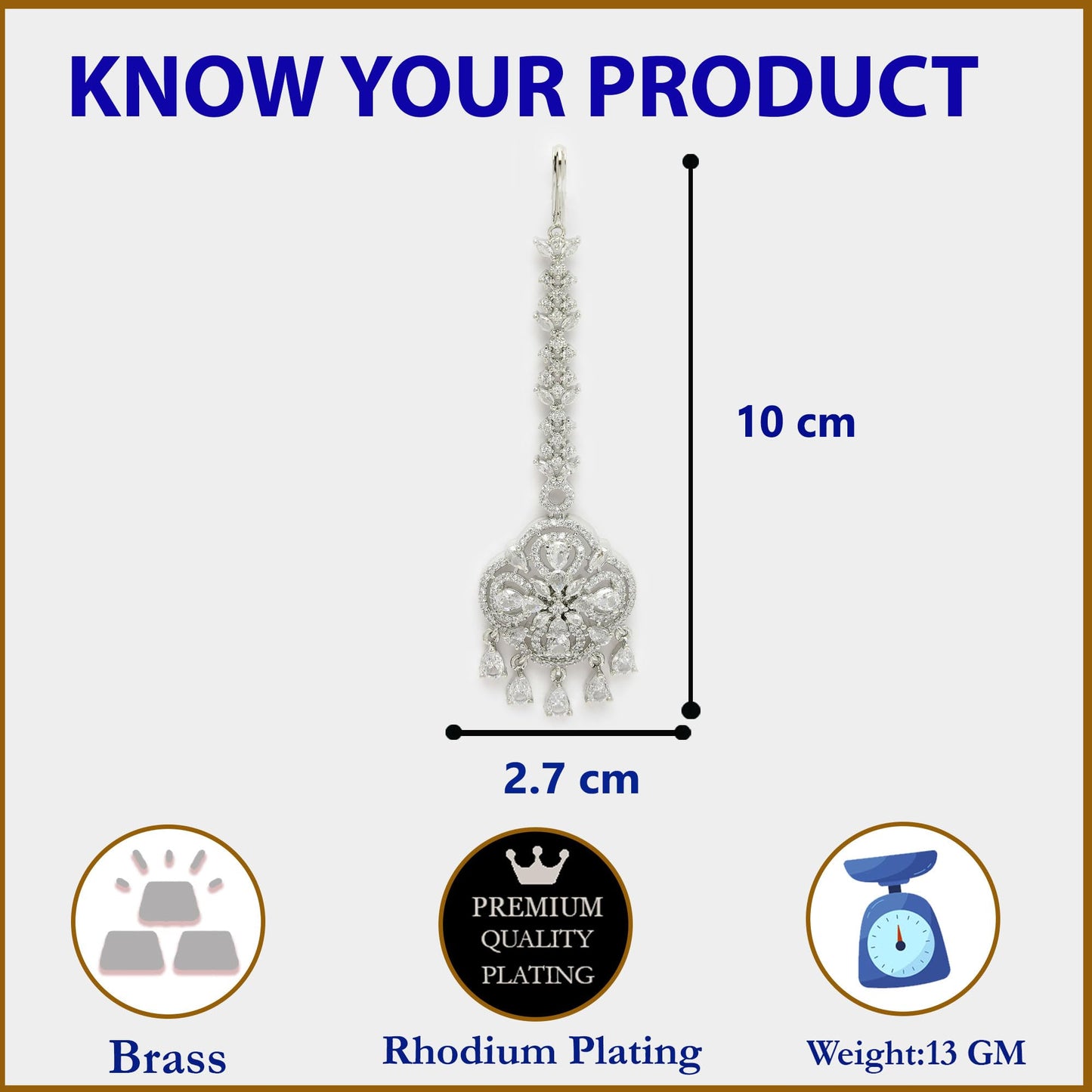 Zeneme Floral Brass Maang Tikka for Wedding Rhodium Plated American Diamond Studded Silver Toned Maang Tikka for Women & Gift For Girls (Sparkly Chandelier Maang Tikka)