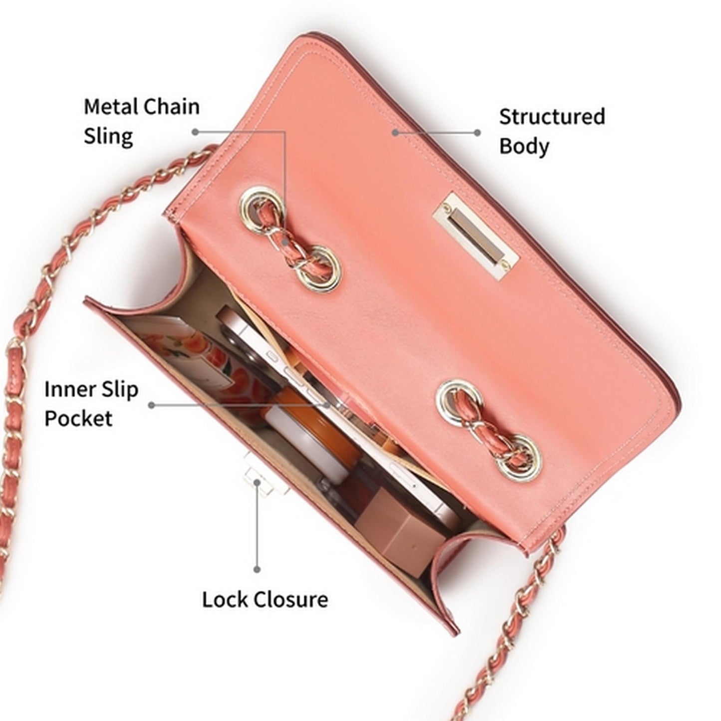 Fastrack Casual Sling Bag with Lock Closure for Girls, Medium Size with Internal Organiser and Metal Chain Strap, Made with Premium Faux Leather