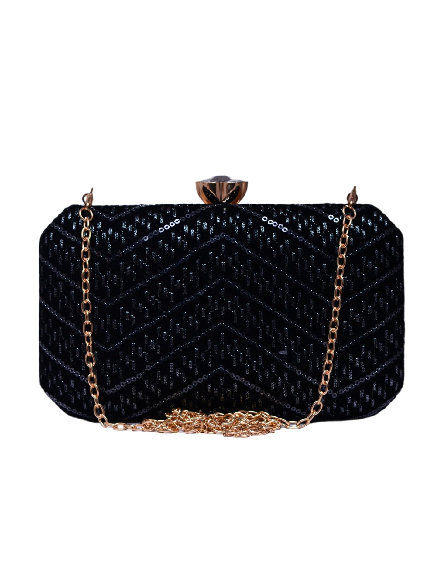 Artklim Black Based Sequins Embroidery Fabric Clutch Bag For Women With Detachable Chain