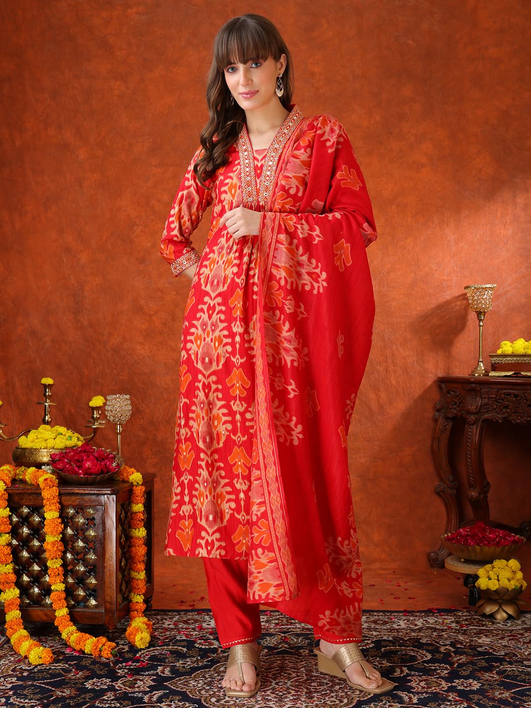 NIVANA Embroidered & Printed Kurta with Pant & coordinated Dupatta|Red|L