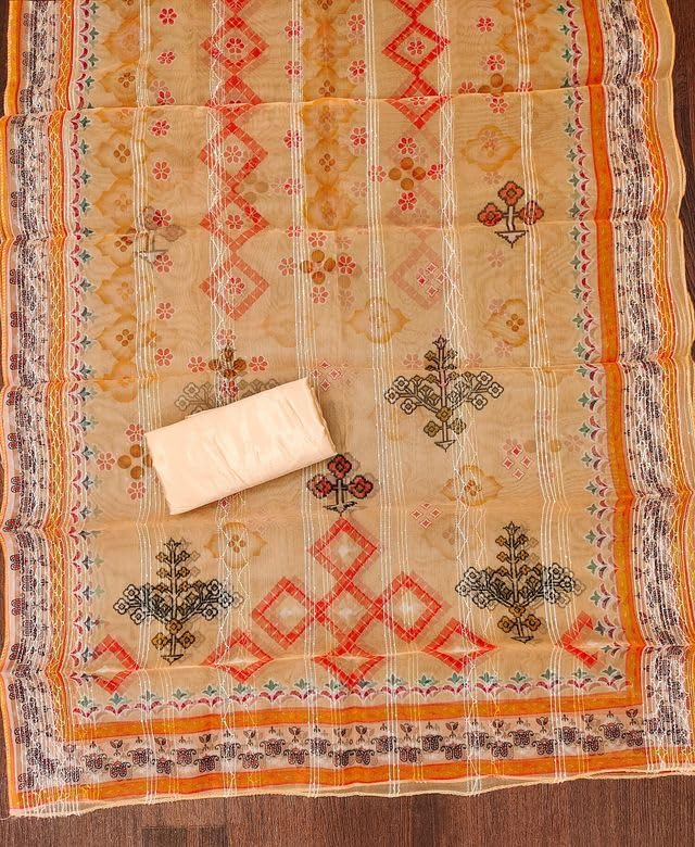 VARNI FABRICS Organza Dress Material for Women Ikat Pattern Unstitched Woman Salwar Suit Dress Material with Organza Dupatta Mustard Yellow