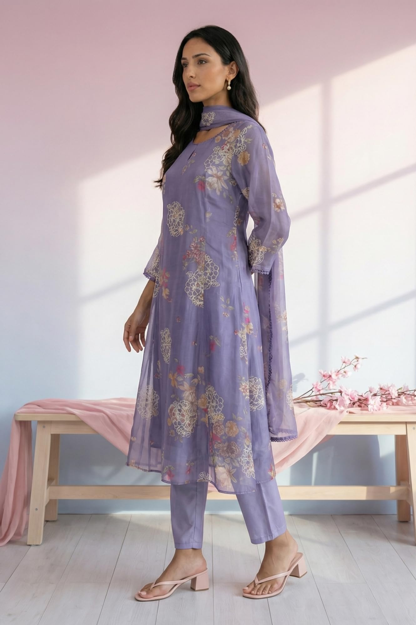 W for Woman Purple Thread Embroidered Organza Straight Kurta with Straight Pants and Dupatta Set - (WS13874-401170-3XL)