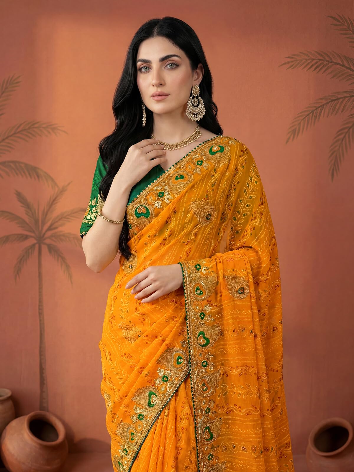 SIRIL Women's Georgette Embroidery Gota Lace Bandhani Printed Saree with Unstitched Blouse Piece (4524S373AA_Yellow)