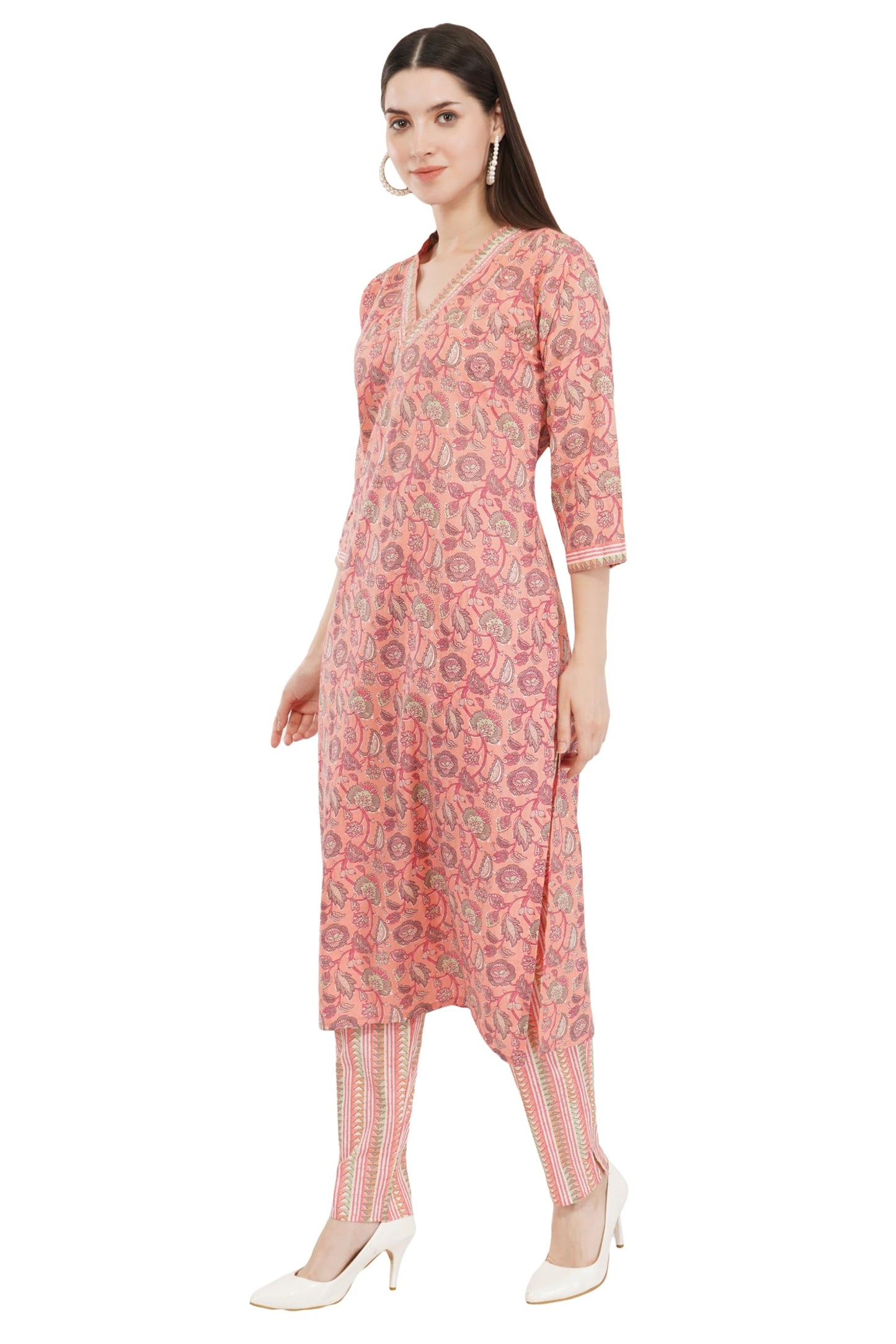 Pranjal Women's Soft Comfortable V-Neck 3/4 Length A-Line Cotton Floral Kurti-Pant and Dupatta Set (Large, Peach)