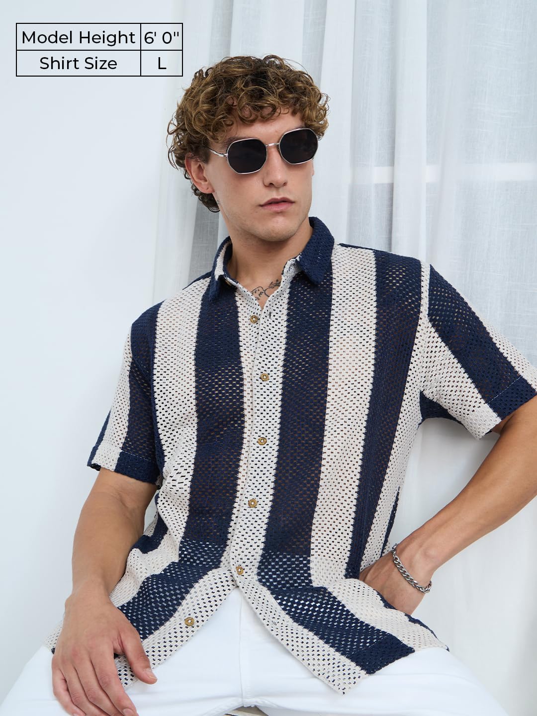 The Souled Store Open-Knit Shirt: Navy Stripes Men and Boys Short Sleeves Collared Neck Button Front Textured Cotton Blend Regular Fit Casual Textured Shirts