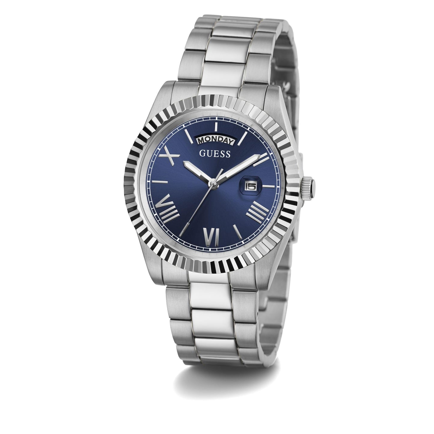 GUESS Stainless Steel Analog Blue Dial Men Watch-Gw0265G7, Silver Band