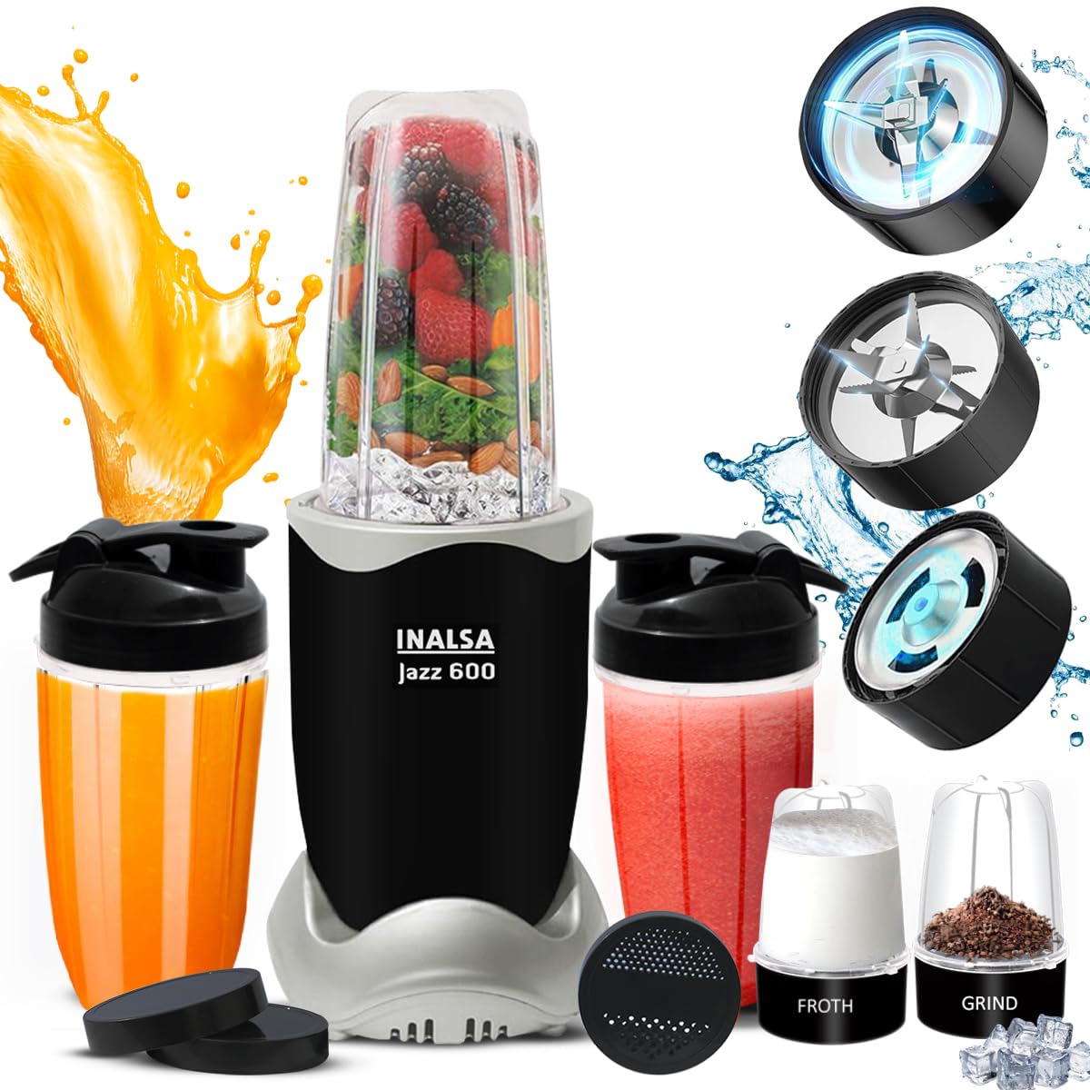 INALSA Blender Mixer Grinder|5 Jar & 600 W Copper Motor| Blenders for Smoothies and Juices| Smoothie Maker Blender|Nutri Blender |3 Blades Including Froth Blade|2Yr Warranty,Jazz 600