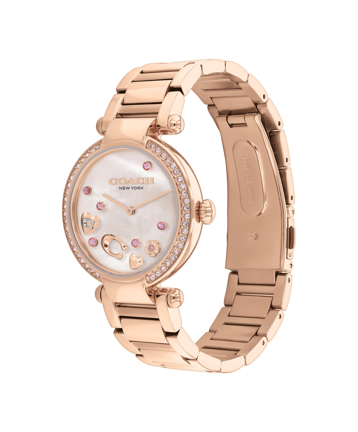 Coach Cary Qtz Basic Pink Mother of Pearl Round Dial Women's Watch|Ionic Plated Rose Gold Steel Material|Gold Color Band - 14504266