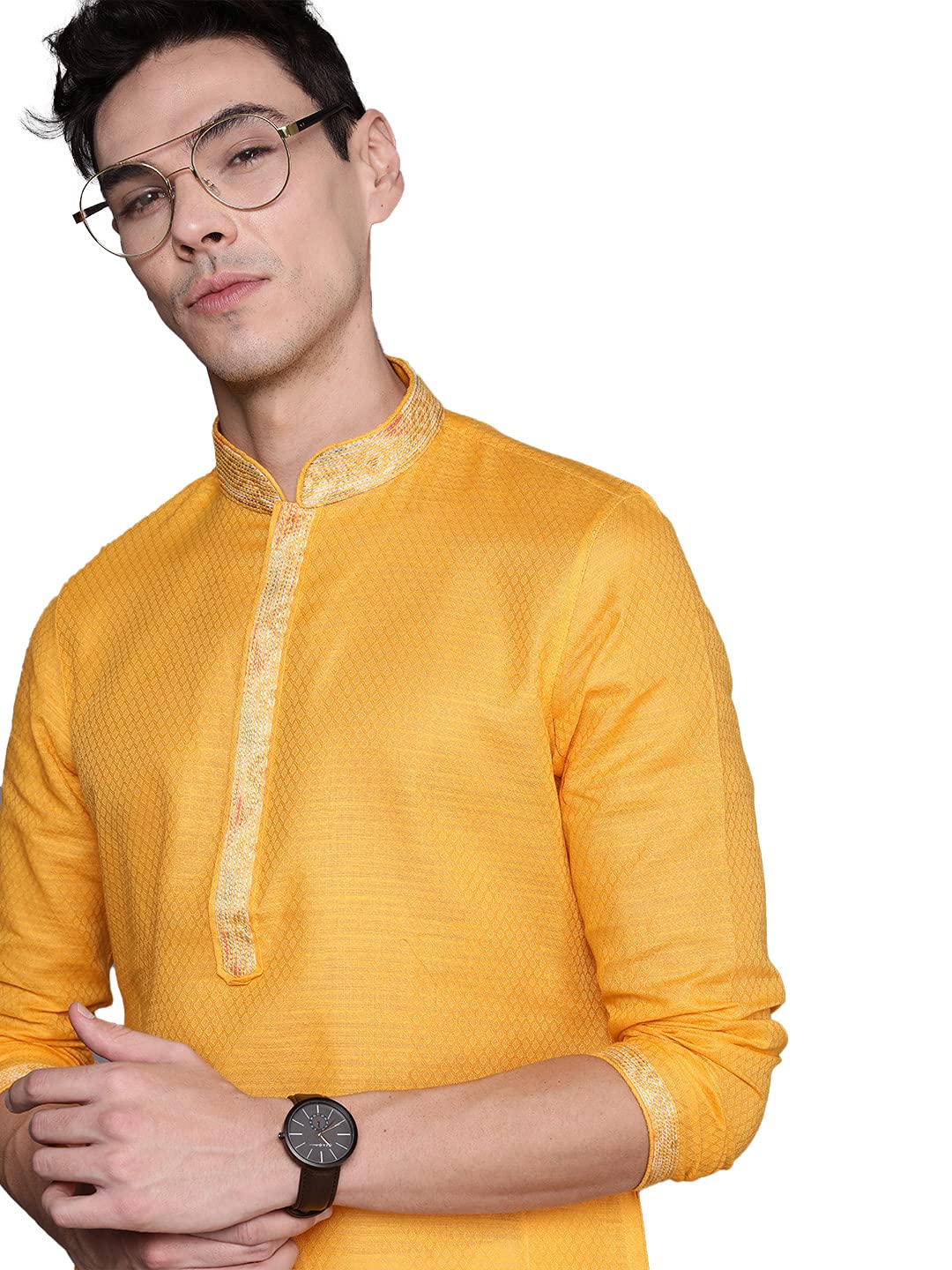 Manyavar SelfDesign Knee Long Kurta and Churidar Set For Men - (Yellow, Large)
