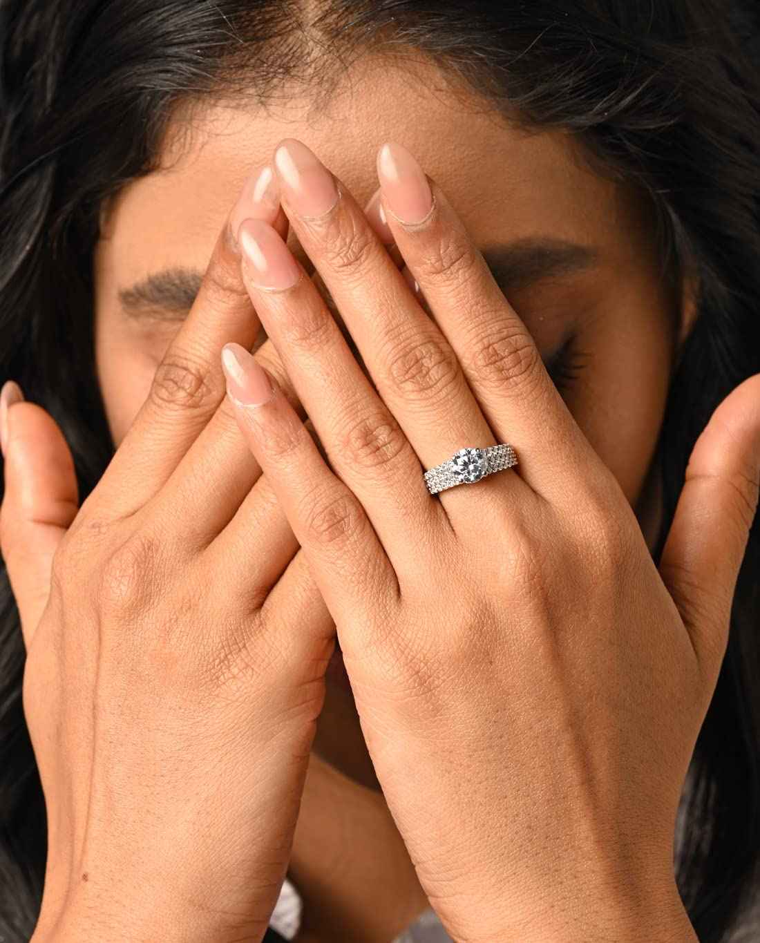 CLARA Pure 925 Sterling Silver Statement Solitaire Finger Ring with Adjustable Band | Gift for Women Girls Wife Girlfriend | Swiss Zircon Rhodium Plated