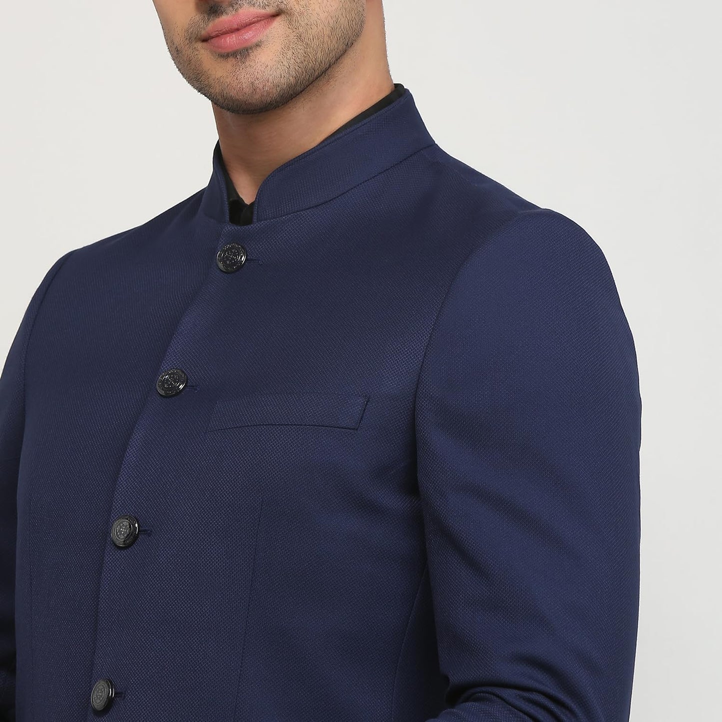 Raymond Men Regular Fit Solid Pattern Poly Rayon Blend Stand Collar Full Sleeve Ceremonial Jacket