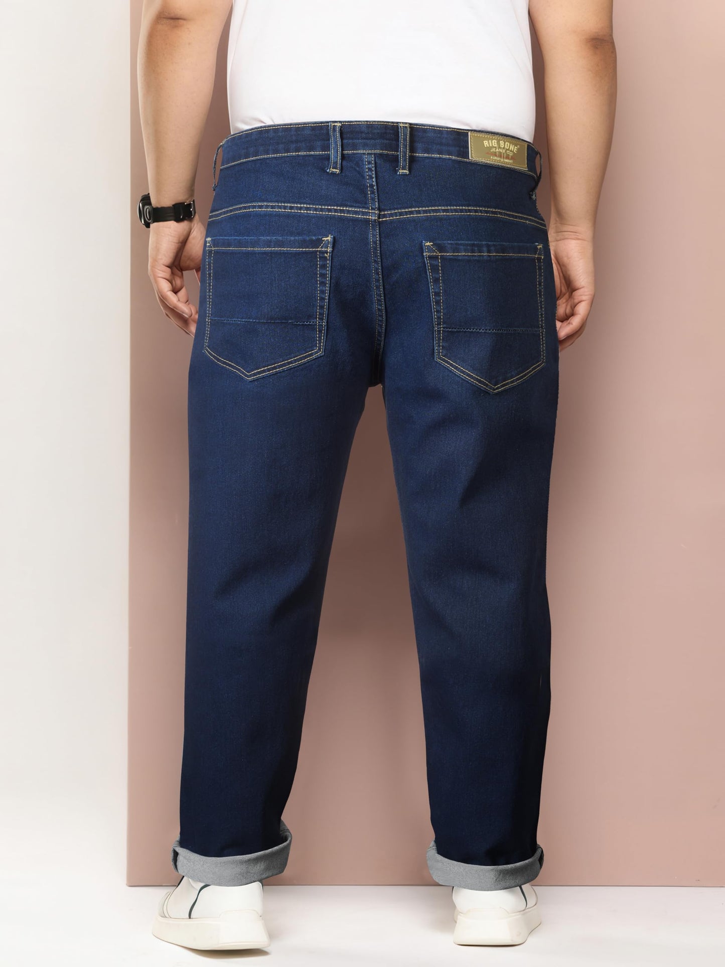 RIG BONE Plus Size Men's Stretchable Heavy Fade Jeans Relaxed Fit High Rise Solid Denim Pants Sizes 36 to 48 (in, Numeric, 48, Plus, Dark Blue)