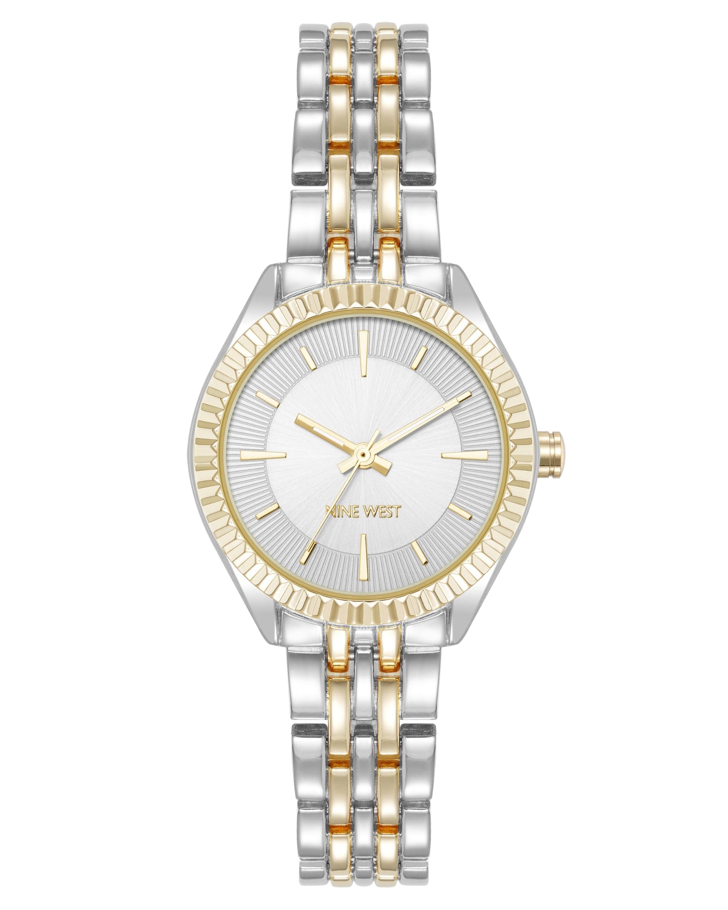 Nine West Women's Bracelet Watch, Analog Display, Metal Band, Limited Movement, Textured Bezel, Silver/Two-Tone