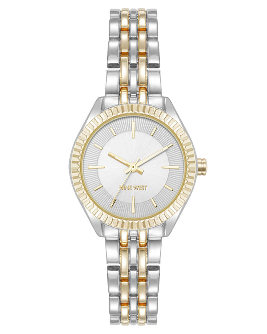 Nine West Women's Bracelet Watch, Analog Display, Metal Band, Limited Movement, Textured Bezel, Silver/Two-Tone