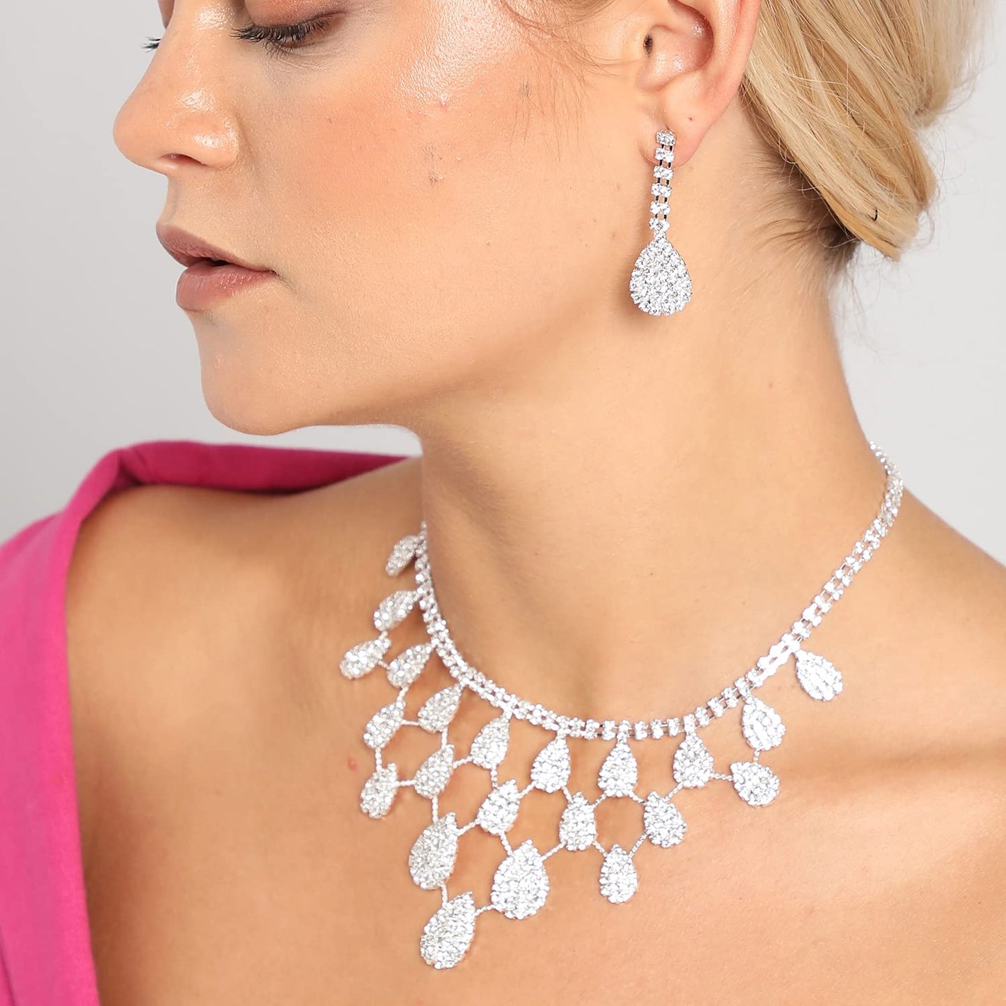 SOHI Silver American Diamond Necklace and Earring, Artificial Stones, Silver Plated Necklace, Necklace with Drop Earrings, Diamond Women & Girl Accessories, stylish cute jewellery, crystal necklace