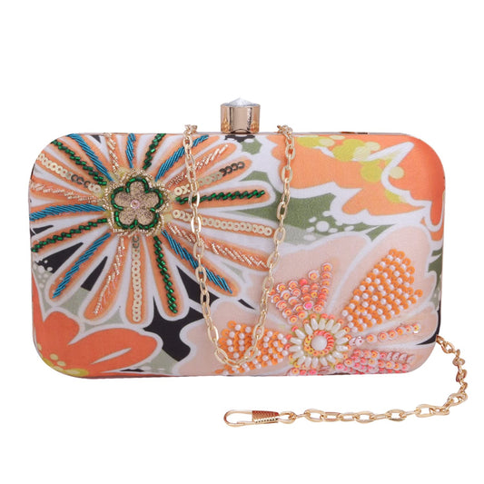 SWISNI Orange orange floral printed embridered clutch II Women's Traditional Designer Clutch For Women & Girls II PRINTED EMBROIDERED CLUTCHES
