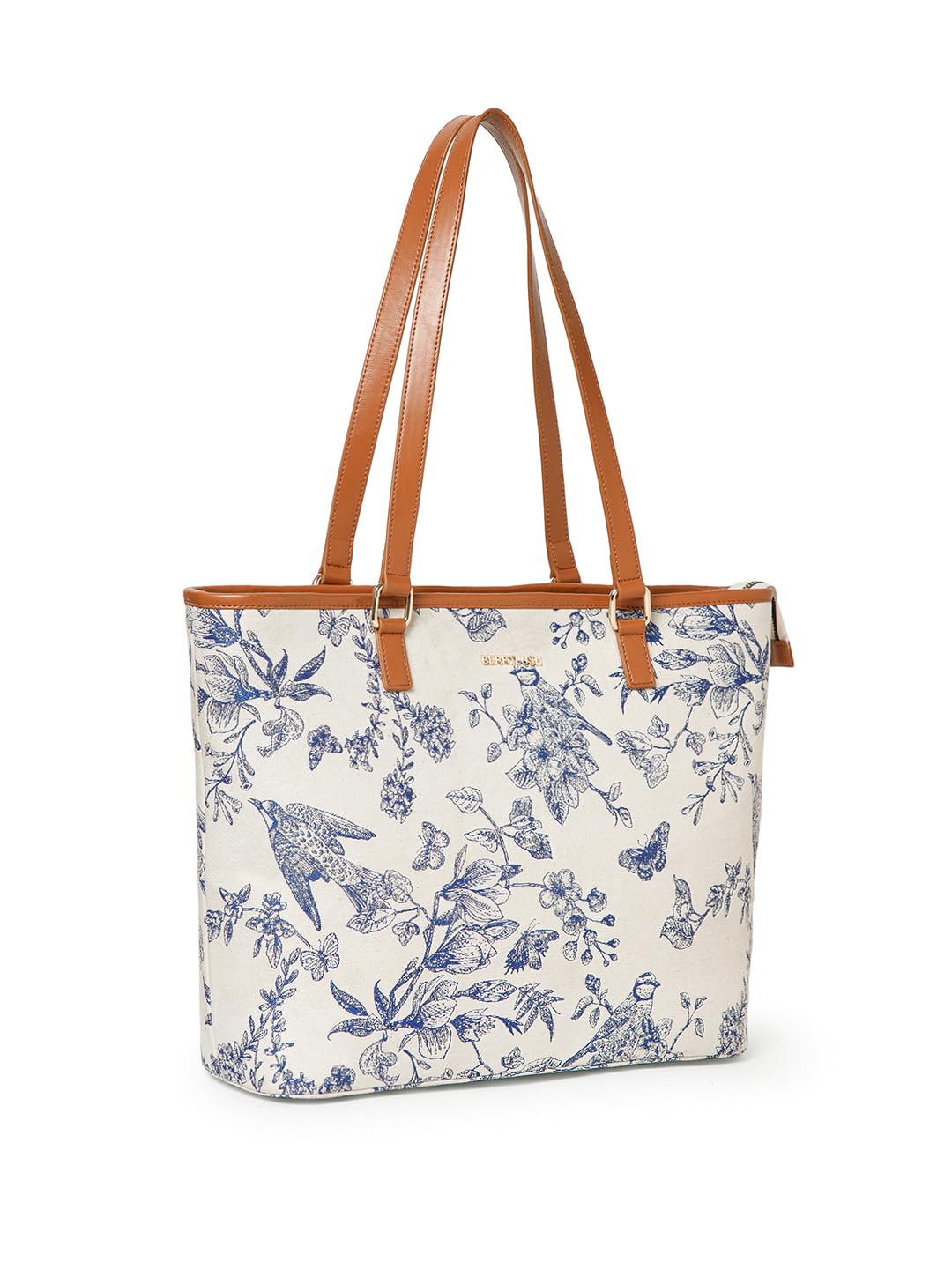 Berrylush Women White Floral Printed Shoulder Bag | PU Synthetic Two Handle Handbag | Zip Closure Spacious Tote with Inner Pocket | Stylish Casual Everyday & Office Bag