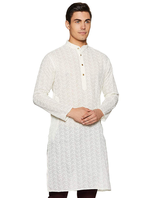 Royal Kurta Mens Chikan Embroidered Cotton Kurta Beige