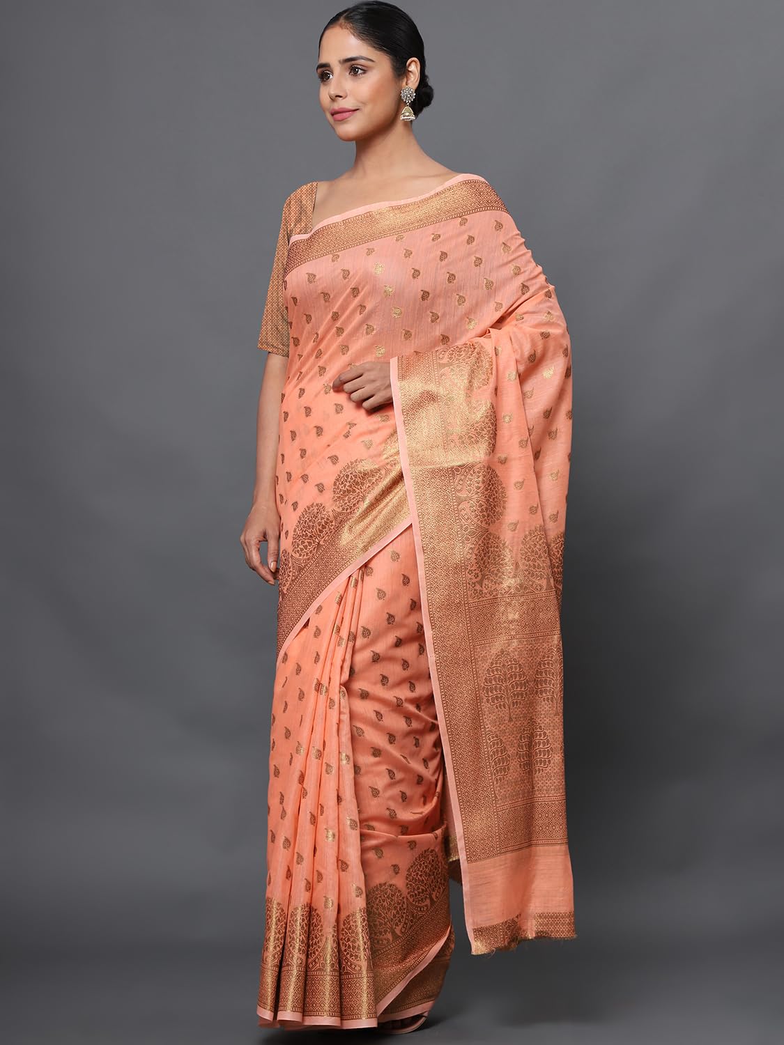 leeza store Women's Peach Cotton Silk Blend Golden Zari Tree Pattern Border Rich Pallu Banarasi Saree With Blouse Piece