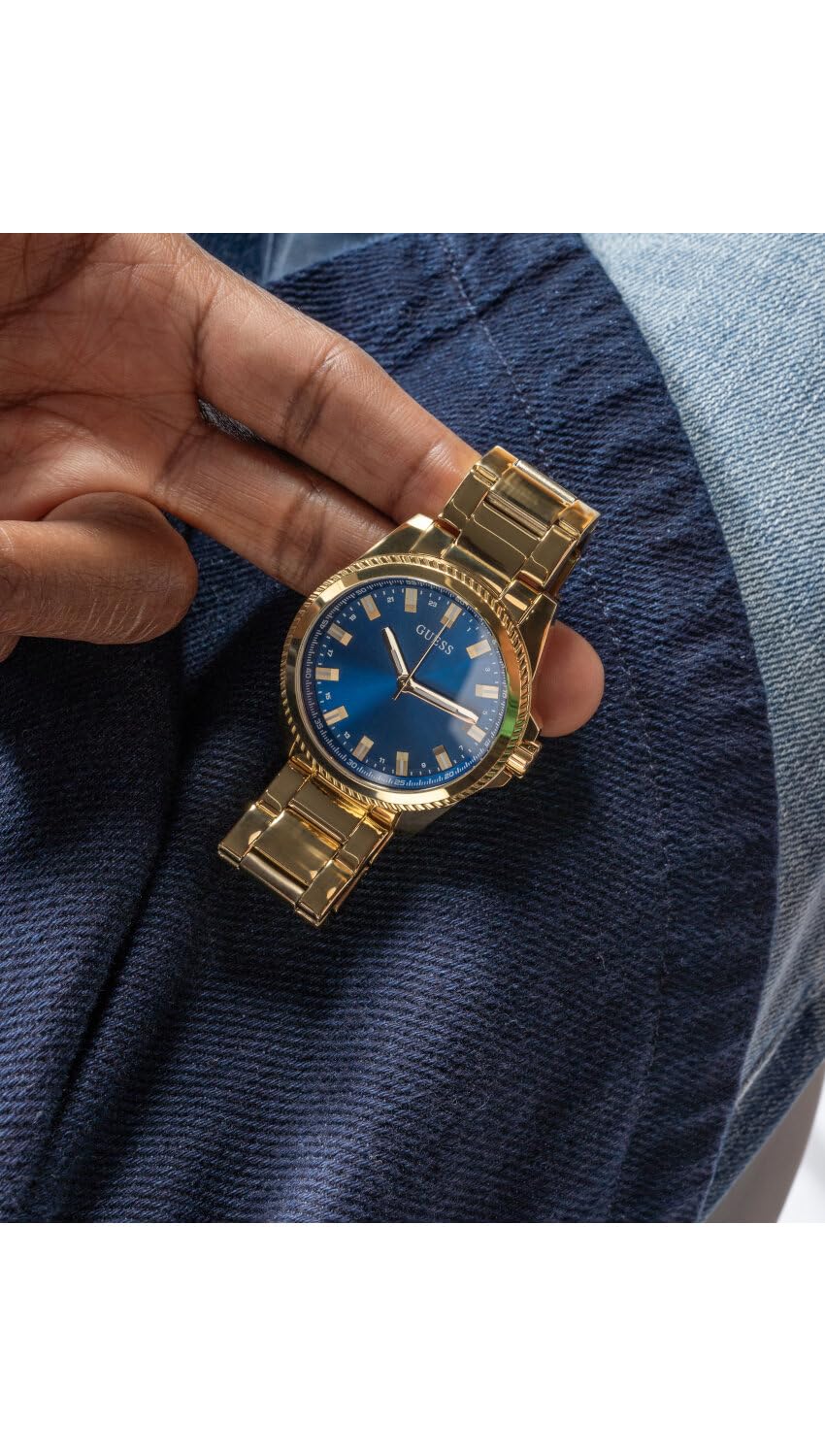 GUESS Stainless Steel Analog Blue Dial Men's Watch-Gw0718G2, Band Color-Gold