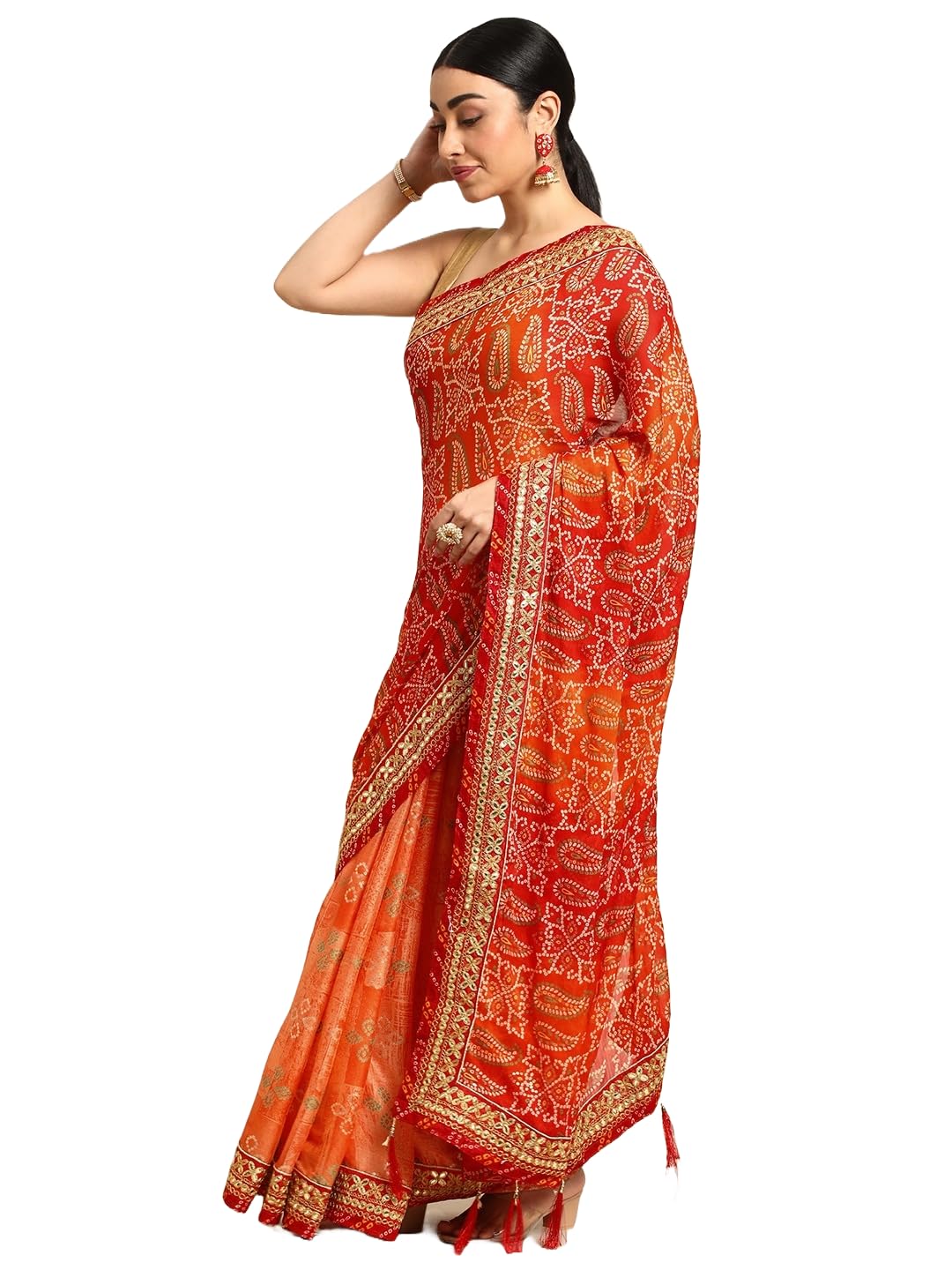 Pandadi Saree Silk Women's Orange Bandhani Saree With Delicate Lace Border&Unstitched Blouse Piece