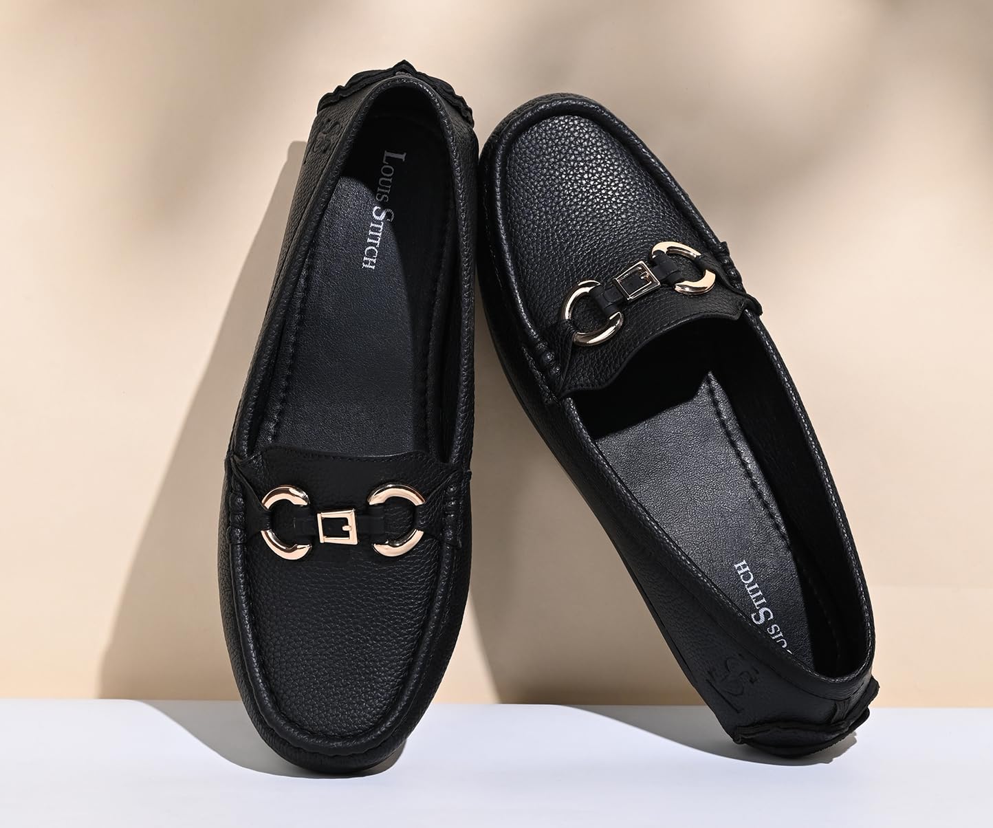 LOUIS STITCH Women’s Black Premium Slip-On Loafers with Buckle | Elegant Solid Slip-On Comfort Shoes for Casual and Formal Wear | Slip-On Loafer Shoes for Women | LSLD-BLR-DBJB | UK-5