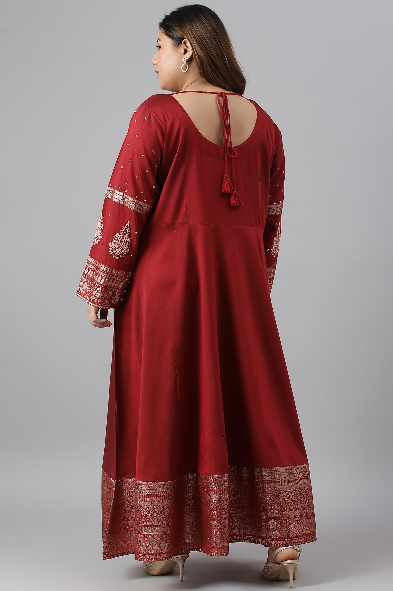 W for Woman Maroon Festive Plus Size Gown with Embroidery on Neck and Sleeves_22AUW18361G-217627_4XL
