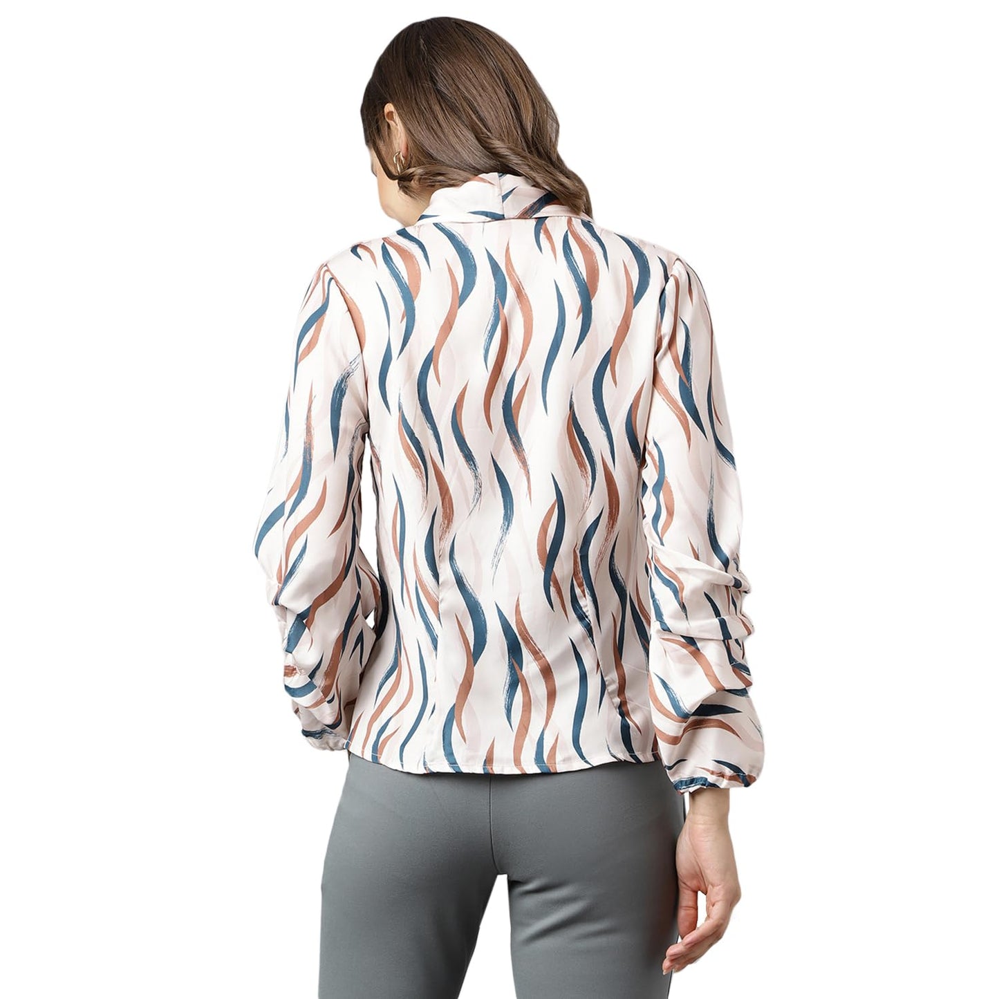 Latin Quarters Women Collar Neck Full Sleeve Printed Top Beige